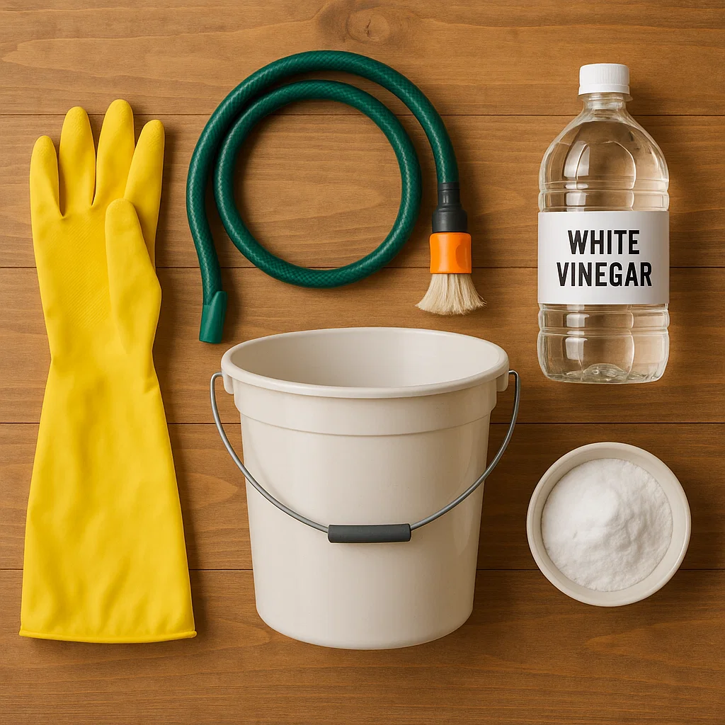 Cleaning tools including gloves, bucket, hose, vinegar, baking soda, and brush.