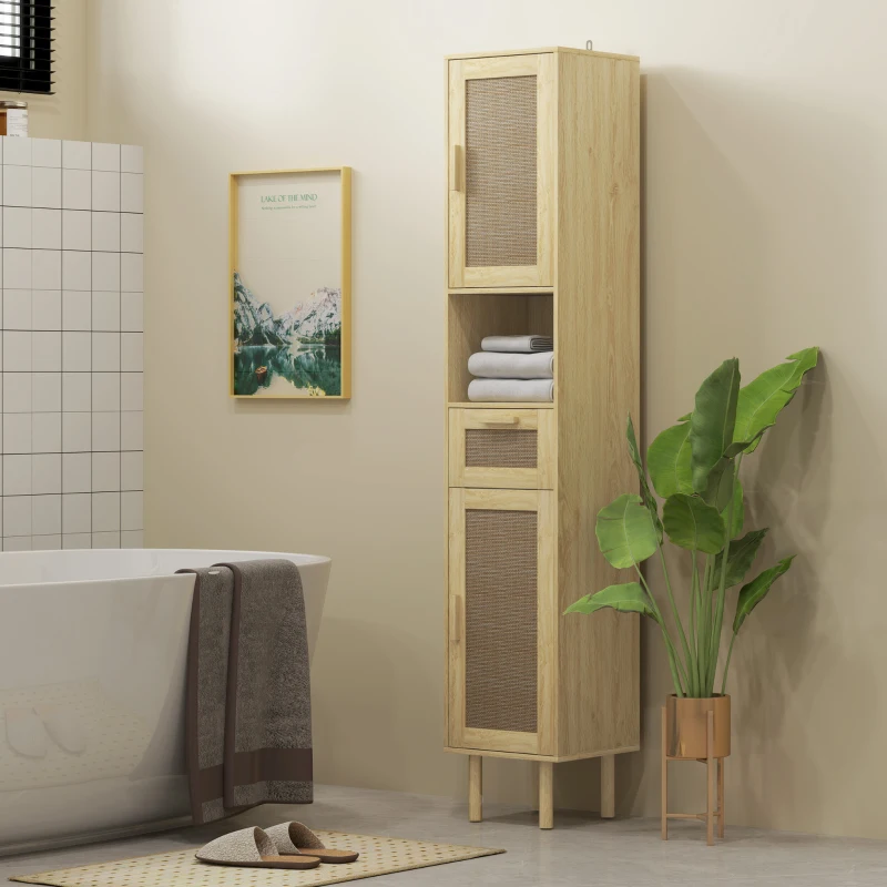 Light wood tall cabinet with multiple storage sections, placed beside bathtub in a bright bathroom.