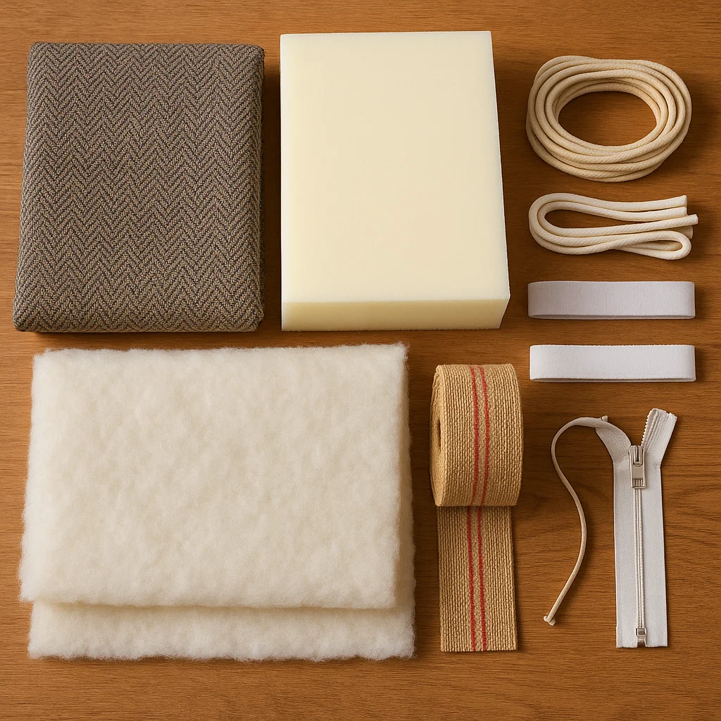 Upholstery materials including fabric, foam, batting, webbing, piping, zippers, and Velcro on a table