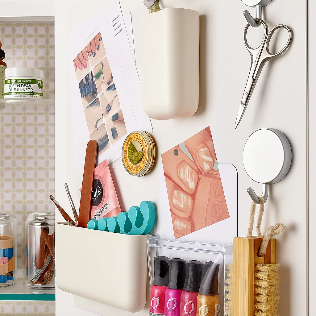 Wall-mounted organizers, scissors, and nail supplies neatly arranged to maximize bathroom vertical space.