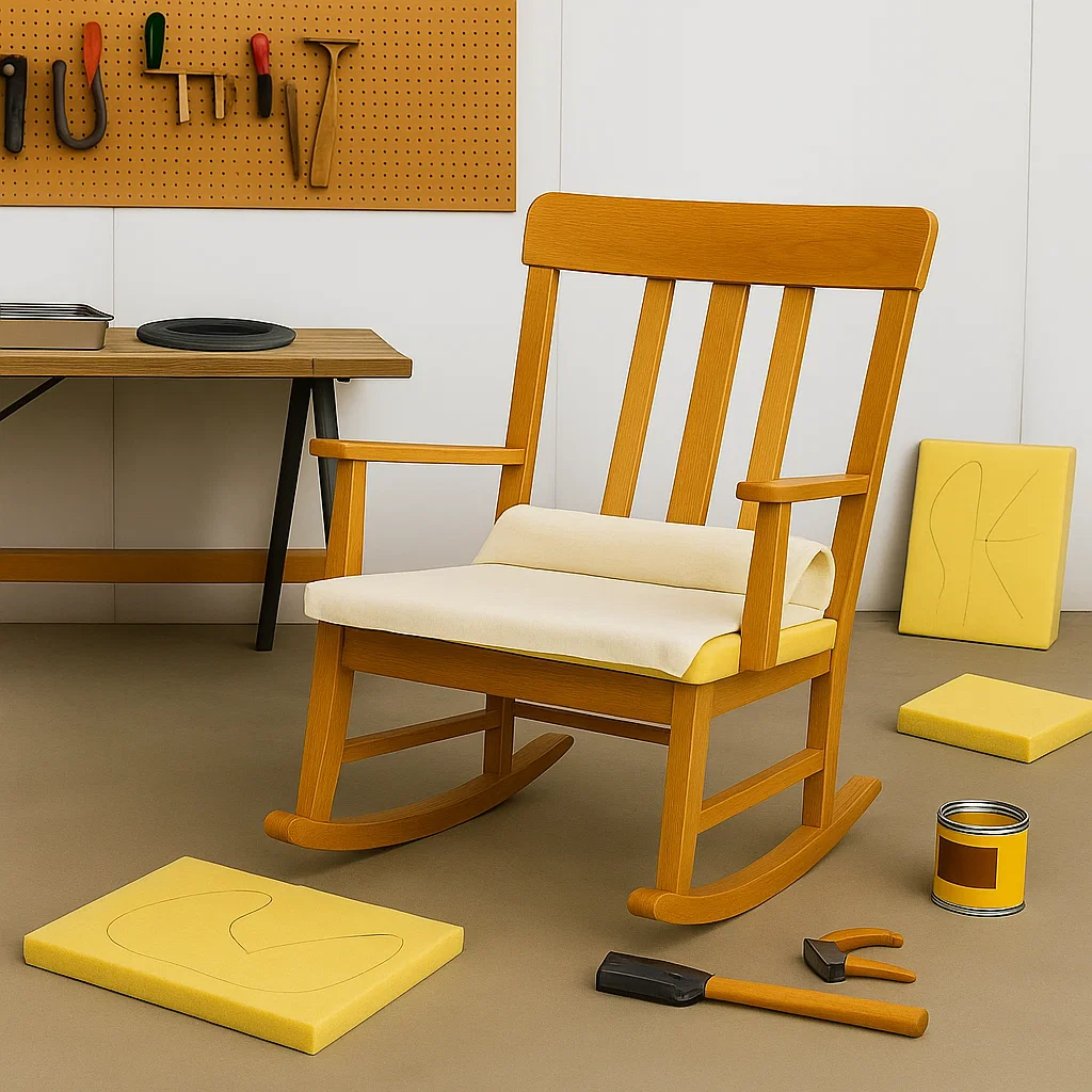 Wooden rocker fitted with foam and batting, surrounded by tools and prepared seat cushions
