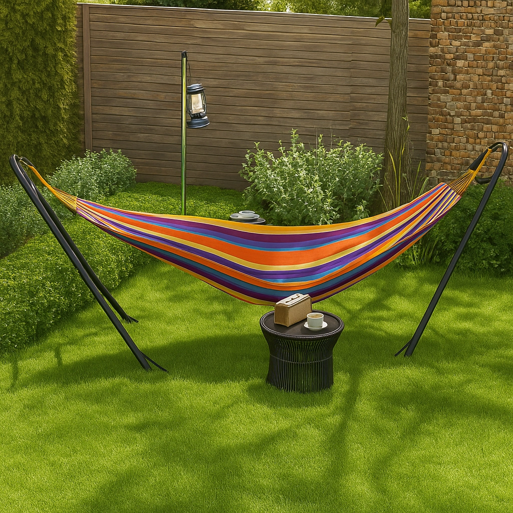 Powder-coated hammock stand on patio demonstrating rust-resistant metal perfect for all-weather use.