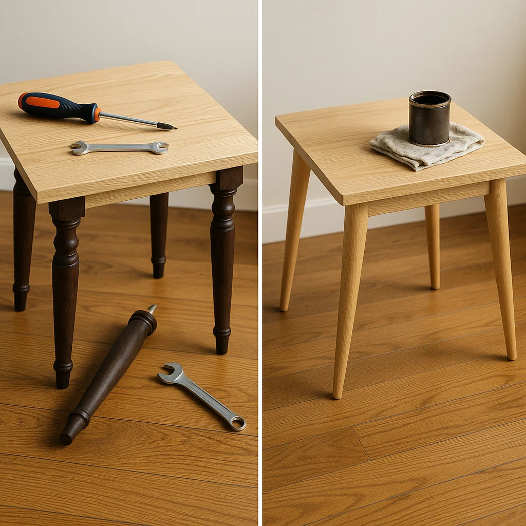 Before-and-after image showing wooden end table with replaced legs, tools laid out on wood floor.
