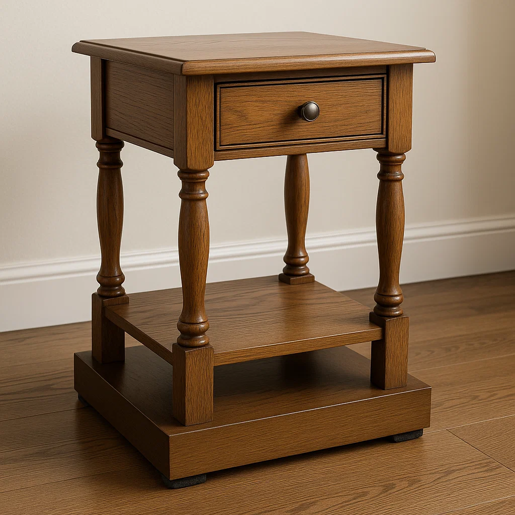 Classic wooden end table with turned legs placed on a matching platform base, sitting on hardwood flooring.
