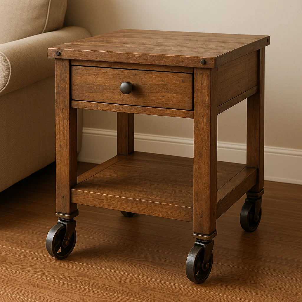 Rustic wooden end table with black rolling casters, placed beside a beige sofa in a cozy living space.
