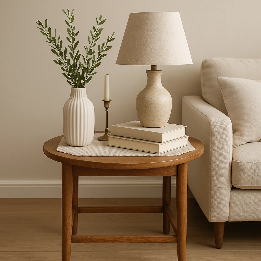 Round wooden end table styled with books, lamp, and vase, placed beside neutral-toned sofa in minimalist setting.
