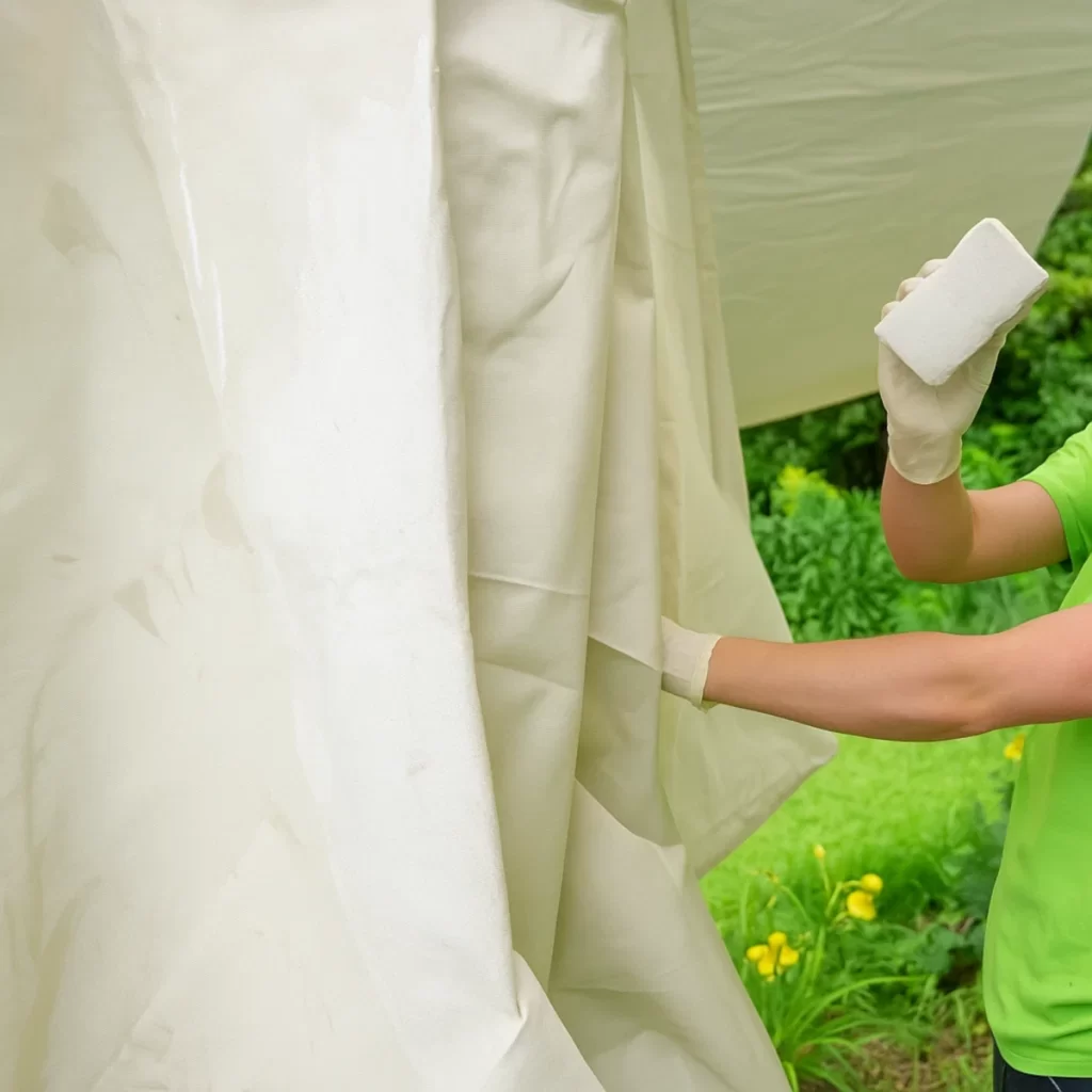 Person cleaning white tent fabric with a sponge using mild soap in an outdoor setting.