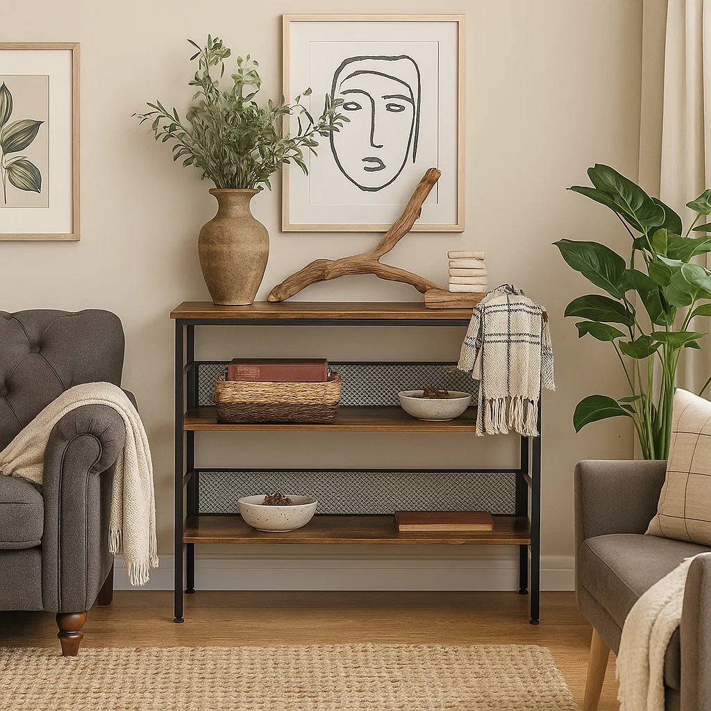 Console styled with rustic wood, sculptural branch, books, and natural woven textures in a warm space.
