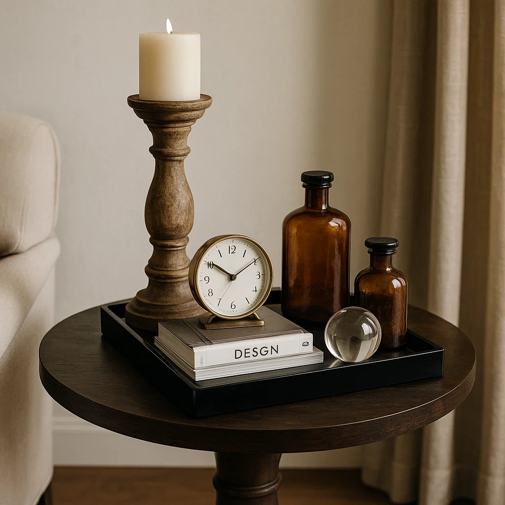 Round dark wood table with a candle, vintage clock, amber bottles, and books on a black tray
