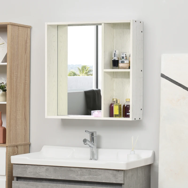 White wall-mounted bathroom cabinet with mirrored door and side shelves, sink and toiletries below.