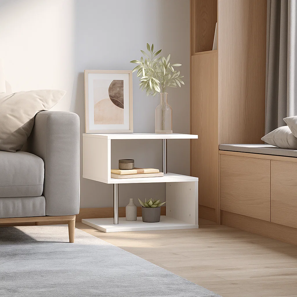 Contemporary S-shaped side table with multiple tiers for storage and display.