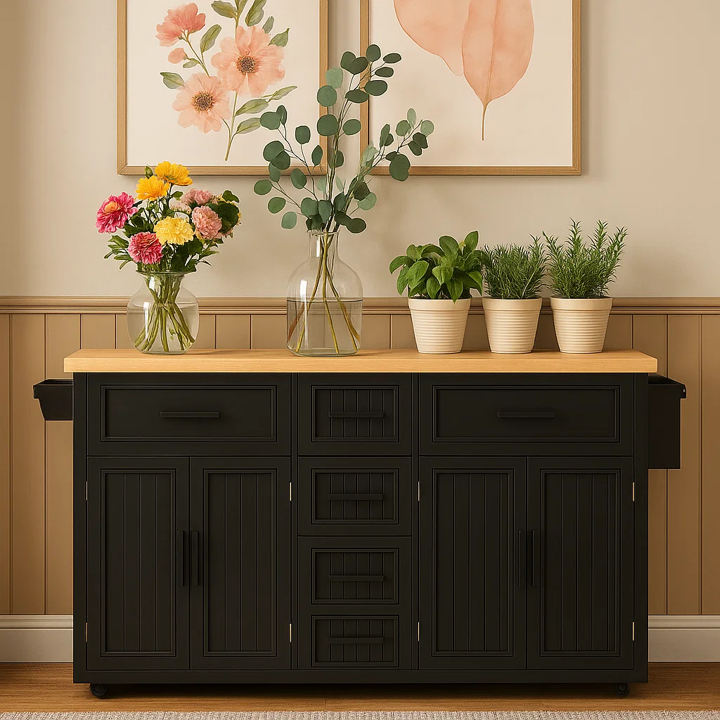 Black kitchen island topped with fresh flowers and potted green plants for a natural look.