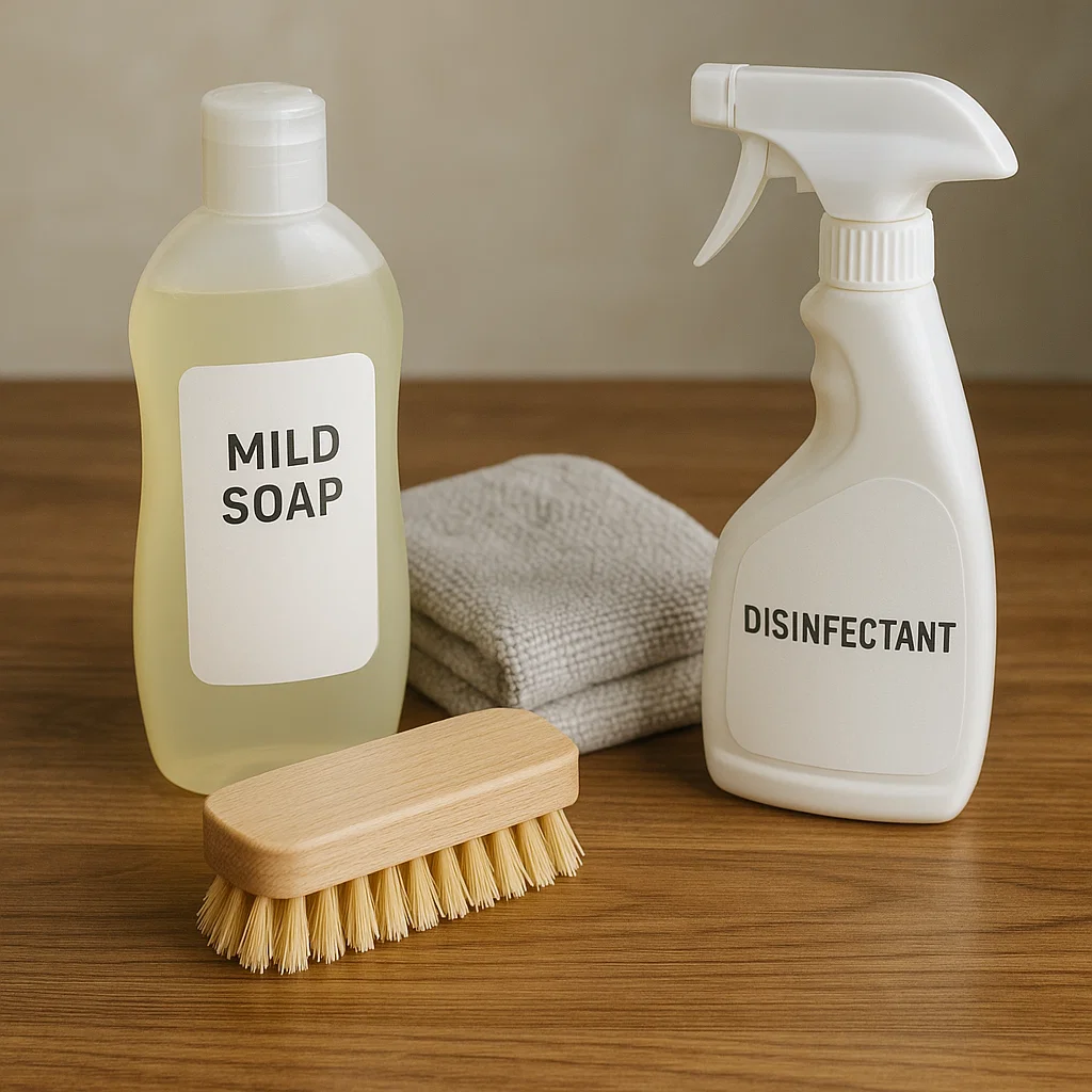 Mild soap, disinfectant spray, scrub brush, and cloth placed on wooden surface