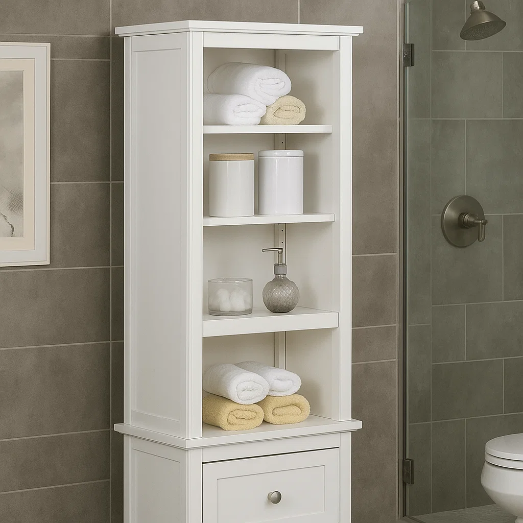 White open shelving bathroom cabinet with rolled towels, containers, and soap dispenser beside shower.