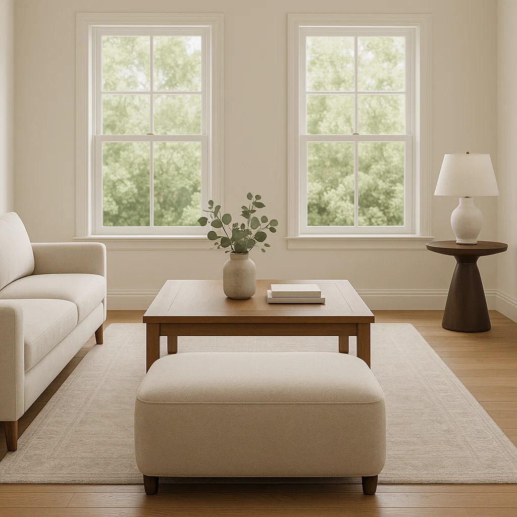 Simple living room with opposite coffee table and ottoman layout in light tones.
