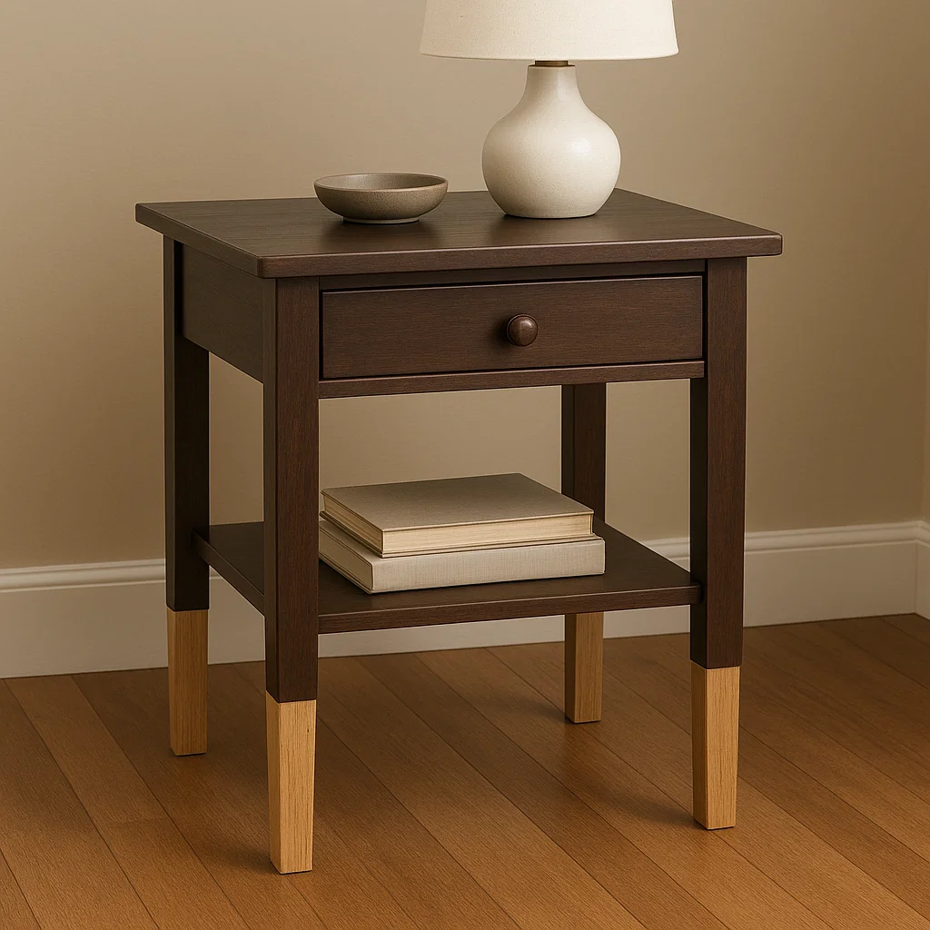 Dark brown end table with light wood leg extensions, styled with lamp and stacked books on lower shelf.
