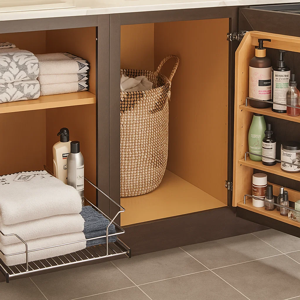 Open bathroom cabinet with storage baskets, towels, toiletries, and organized bottles on a pull-out rack.