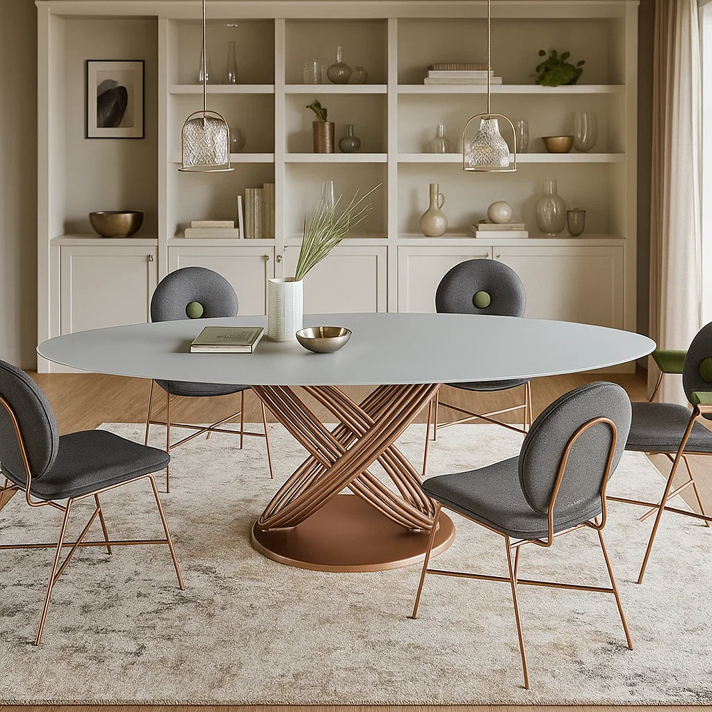 Spacious oval wood dining table with six cushioned chairs in open-plan dining-living area.