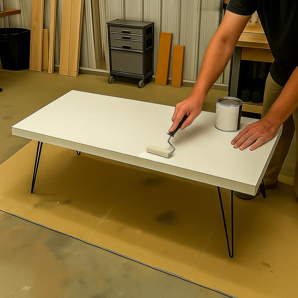 Using a foam roller to paint a sanded coffee table white for a bold, modern finish.
