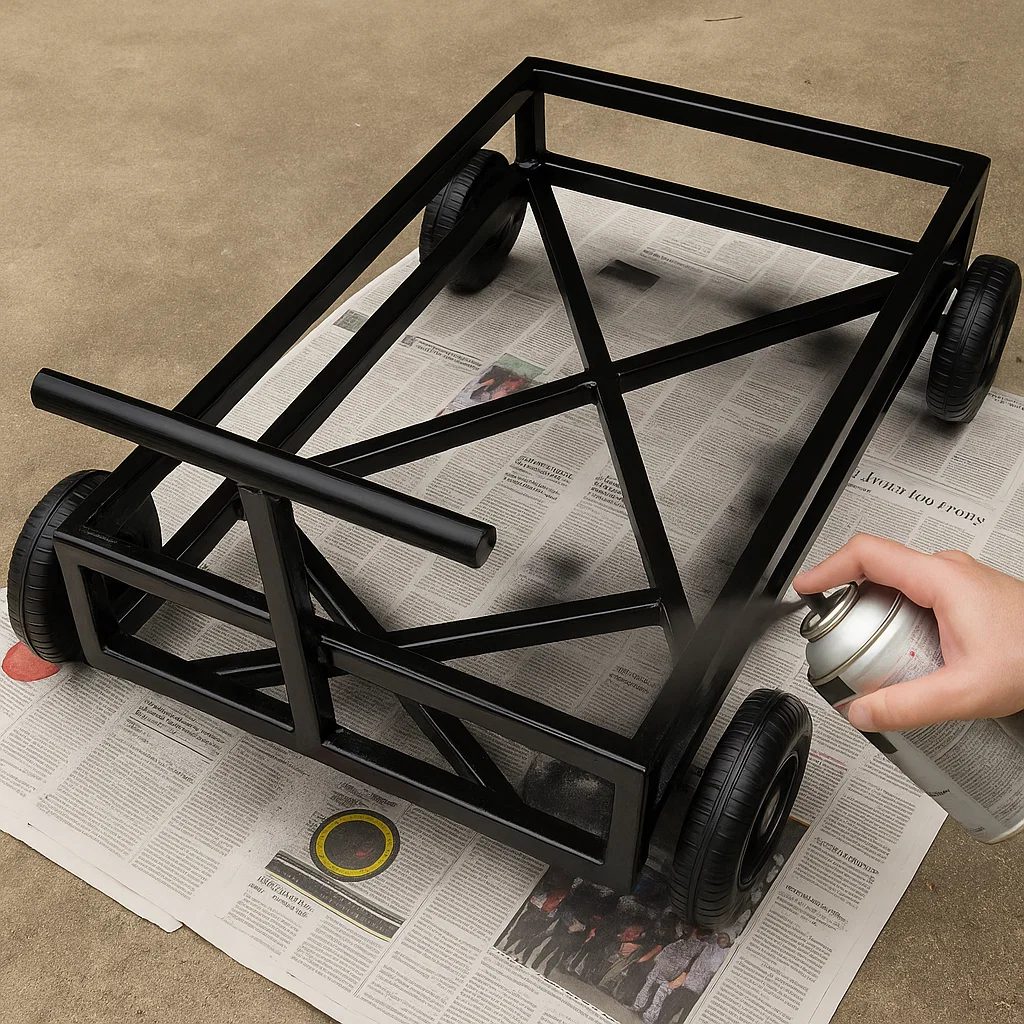 Spraying black paint on steel frame of a pull cart.
