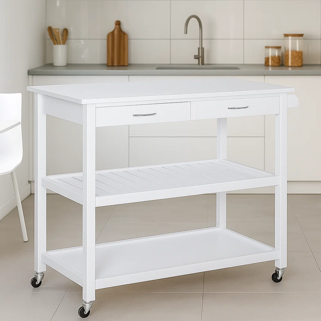 Sleek white kitchen island cart with drawers and two open shelves on caster wheels