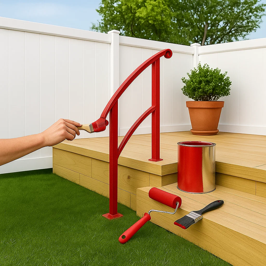 Close-up of person painting metal stair railing with outdoor-grade red paint.