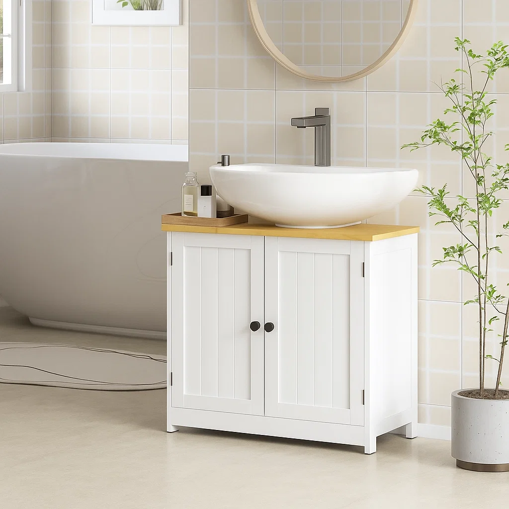Bathroom with wood countertop vanity, round mirror, and light tile, styled with natural greenery.