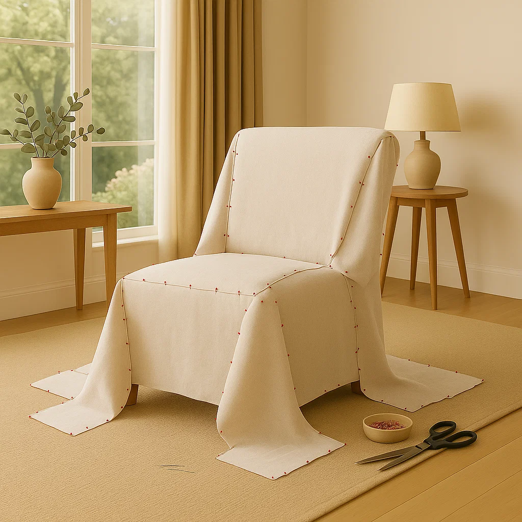Fabric pinned inside-out onto a slipper chair for precise custom slipcover fitting, scissors and pins nearby.