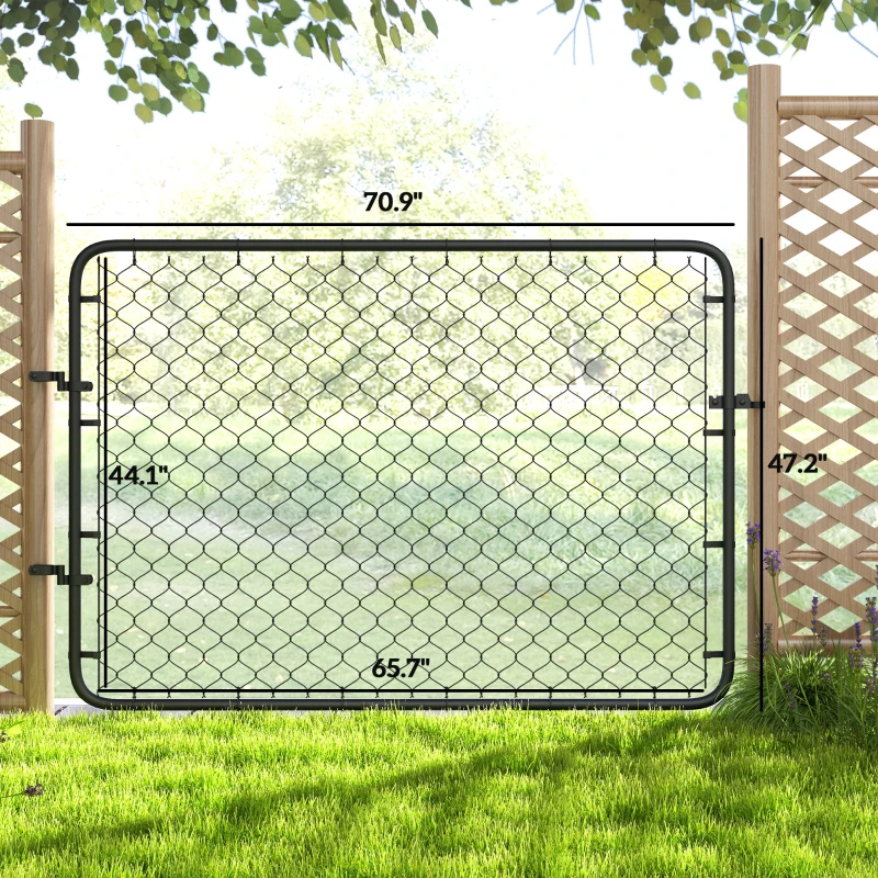 Garden gate with measurements displayed between two wooden fence posts on grass.