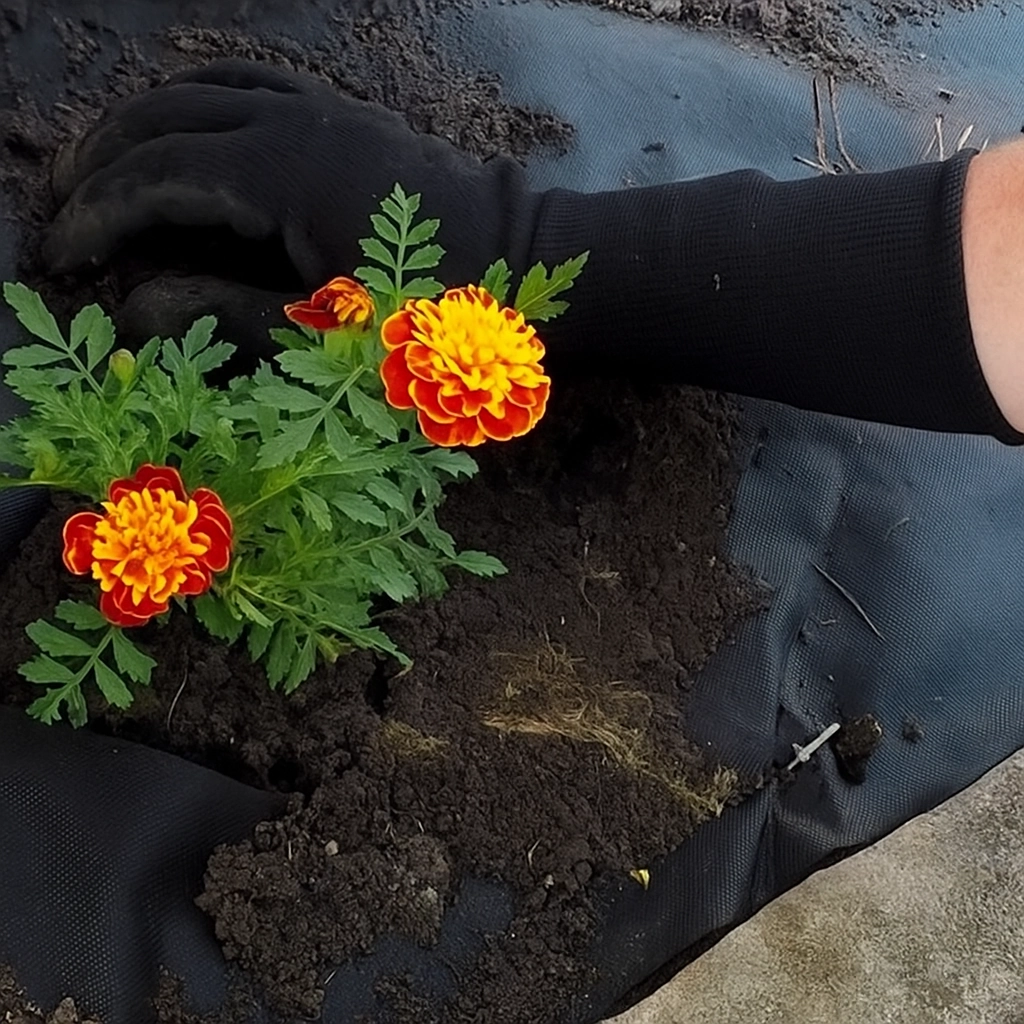Placing plants into pre-cut holes in weed barrier fabric to ensure proper growth.