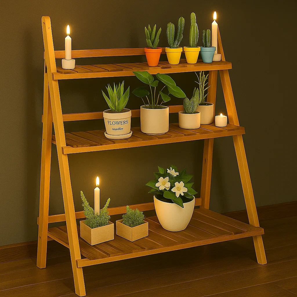 Plant stand lit by candles, holding small potted plants and taper candles in a warm evening setup.