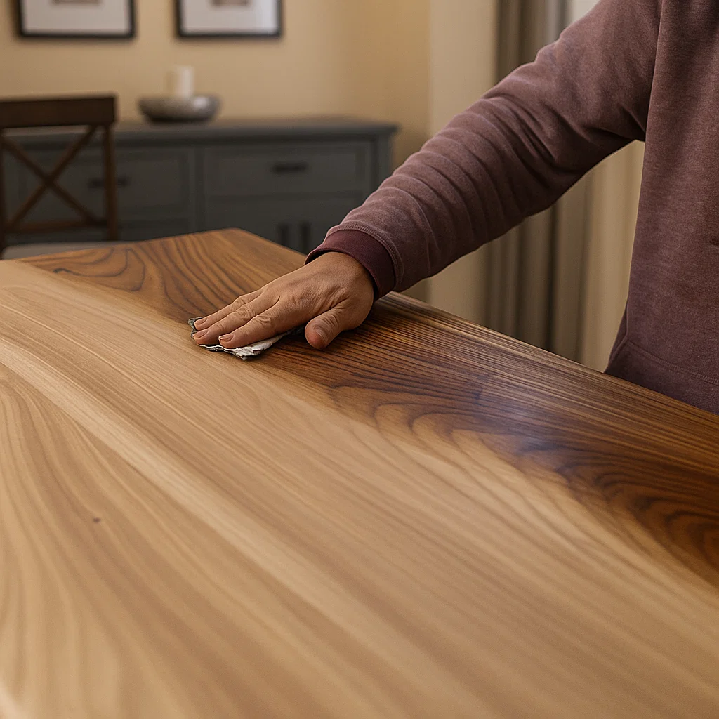 Person polishing a wooden table using a soft cloth to restore shine and remove surface marks.