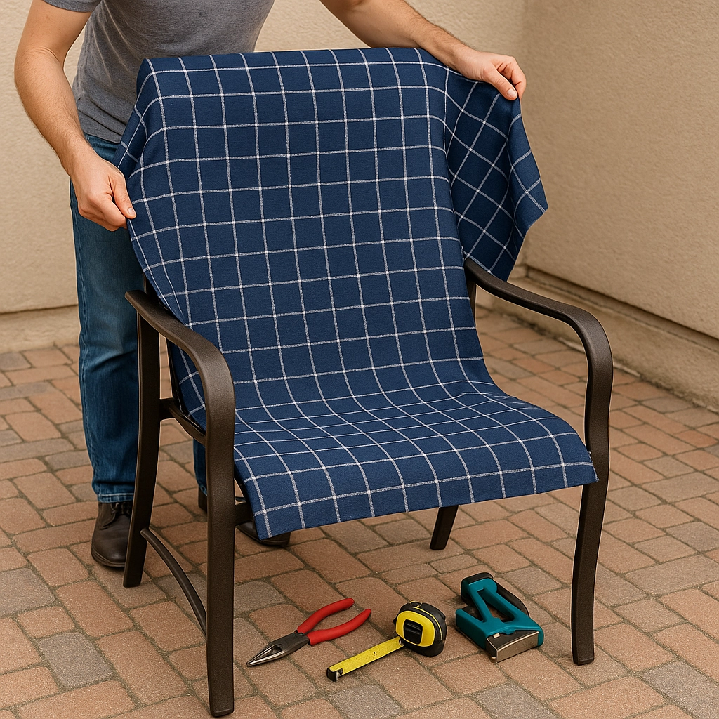 Person aligning blue checkered fabric on a metal patio chair before stapling in place.