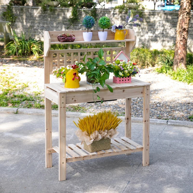 Innovative potting bench with sliding top for hidden storage and extra workspace.