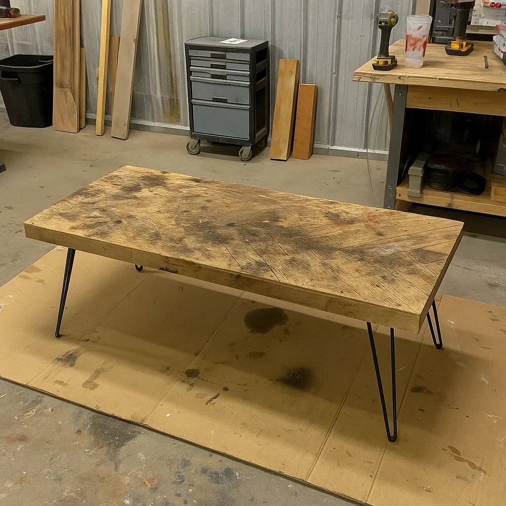 Old coffee table placed on cardboard in a workshop, ready for cleaning and surface preparation.
