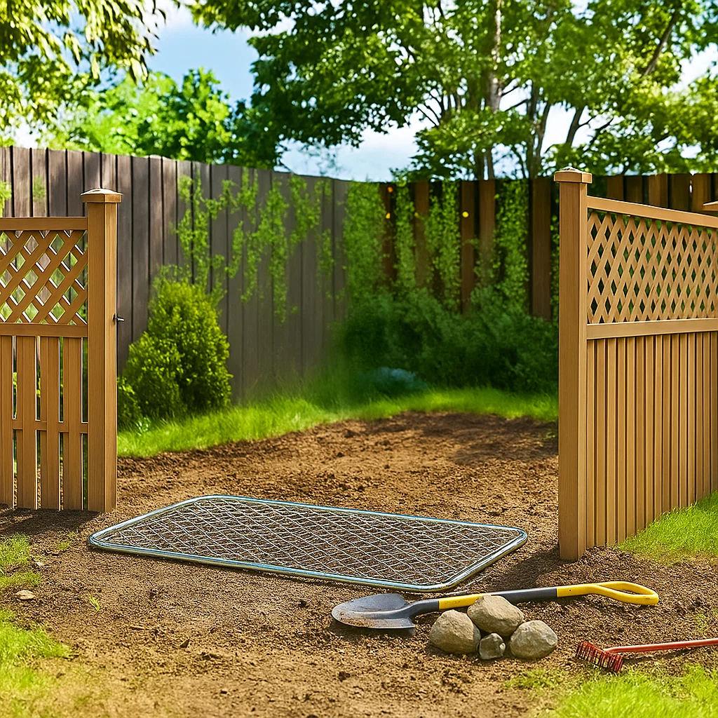 Garden gate and fencing area cleared with tools and gravel laid out for installation.