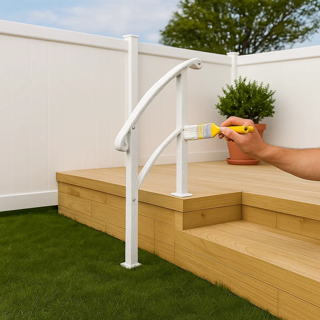 Hand applying metal primer with a brush to prepare outdoor stair railing for painting.
