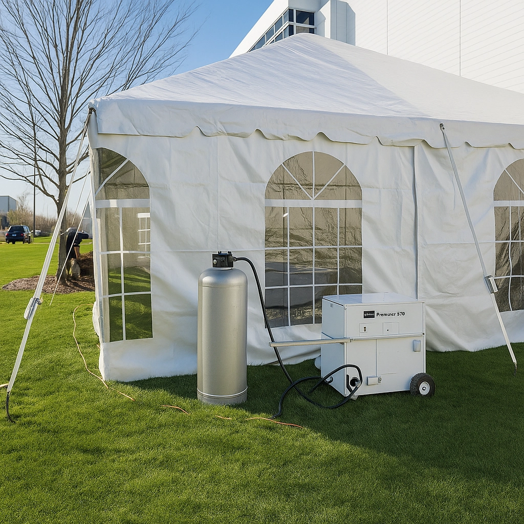 Outdoor canopy tent heated with propane tank and commercial space heater on green lawn.