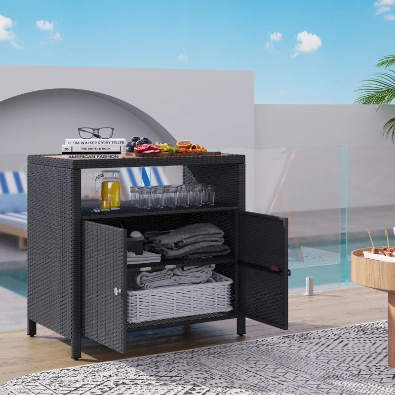 Poolside rattan cabinet with open doors showing towels, promoting outdoor storage ventilation