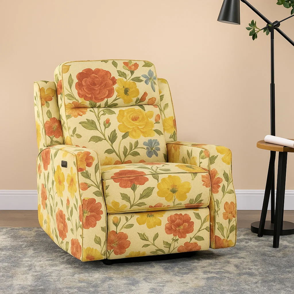 Floral-patterned recliner fully reupholstered and reassembled.