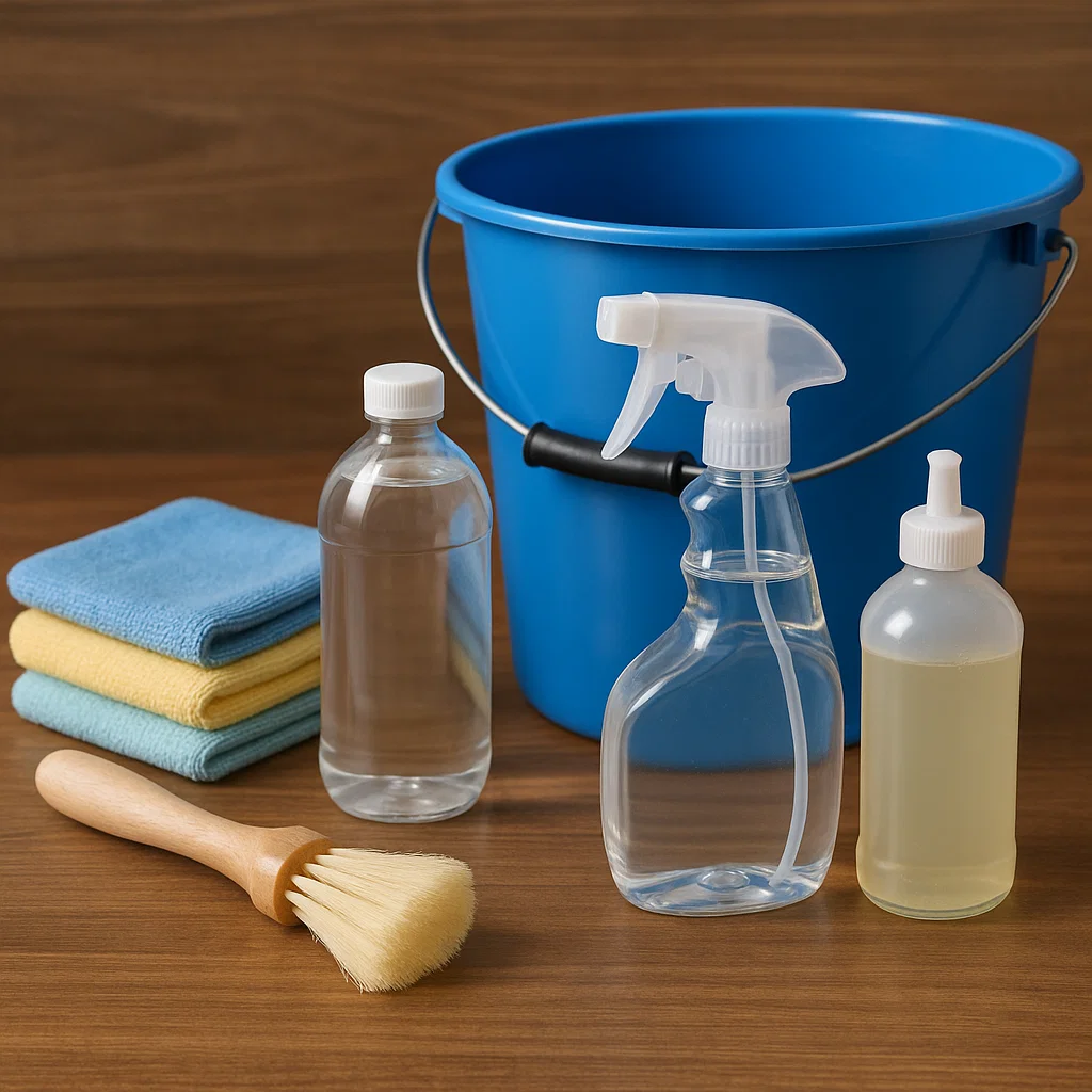 Cleaning tools including microfiber cloths, sprays, and brushes for maintaining privacy screens.