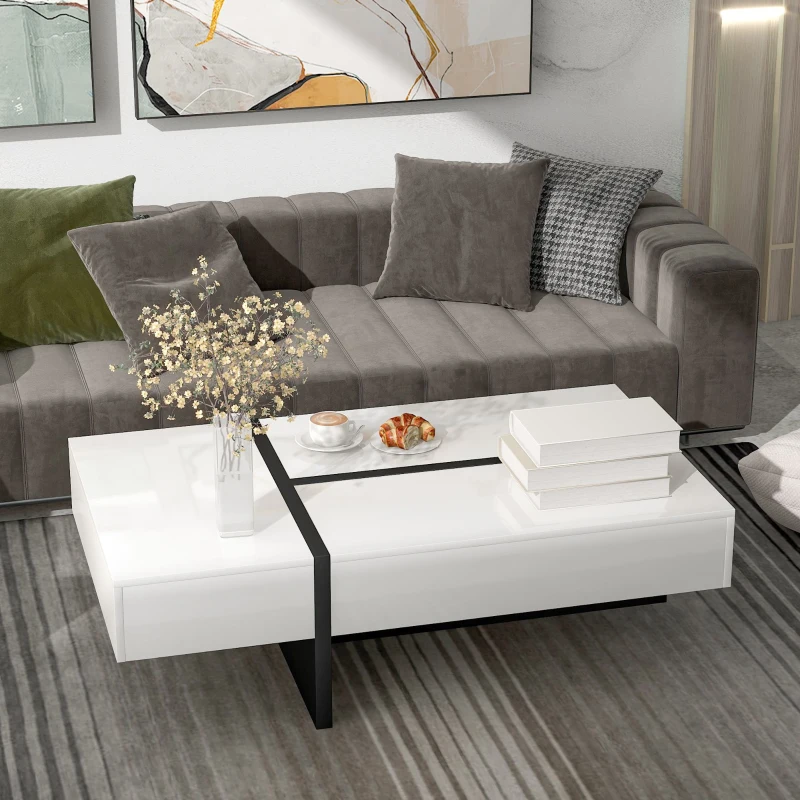 Marble-top rectangular coffee table with gold frame and matching lower shelf in a tan sofa setup.
