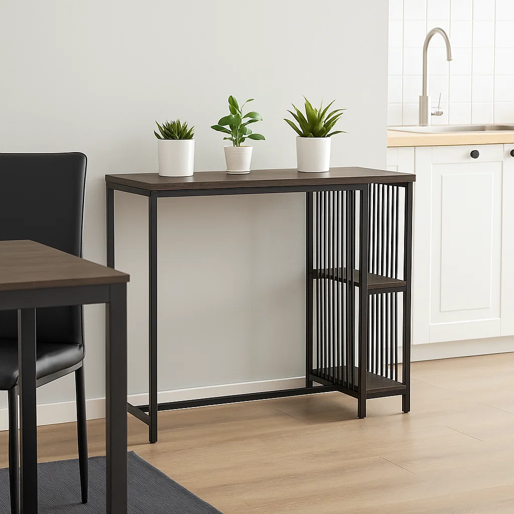 Slim modern table with potted green plants as fresh accents in a bright, minimalist kitchen.
