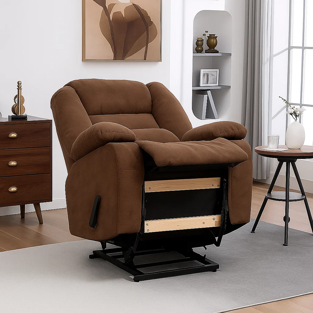 Recliner chair extended with visible wooden base and metal lift frame structure.