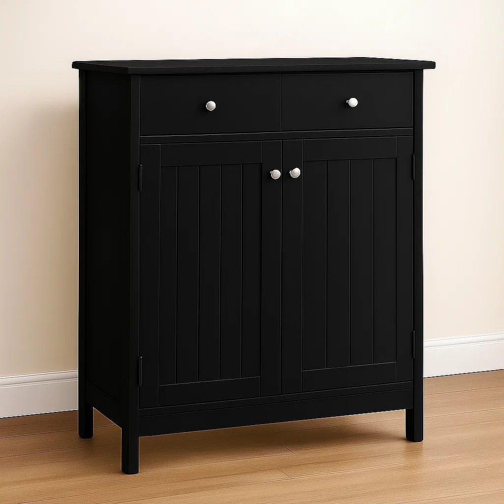 Black storage cabinet with double doors and drawers, silver knobs, placed on a light wood floor.