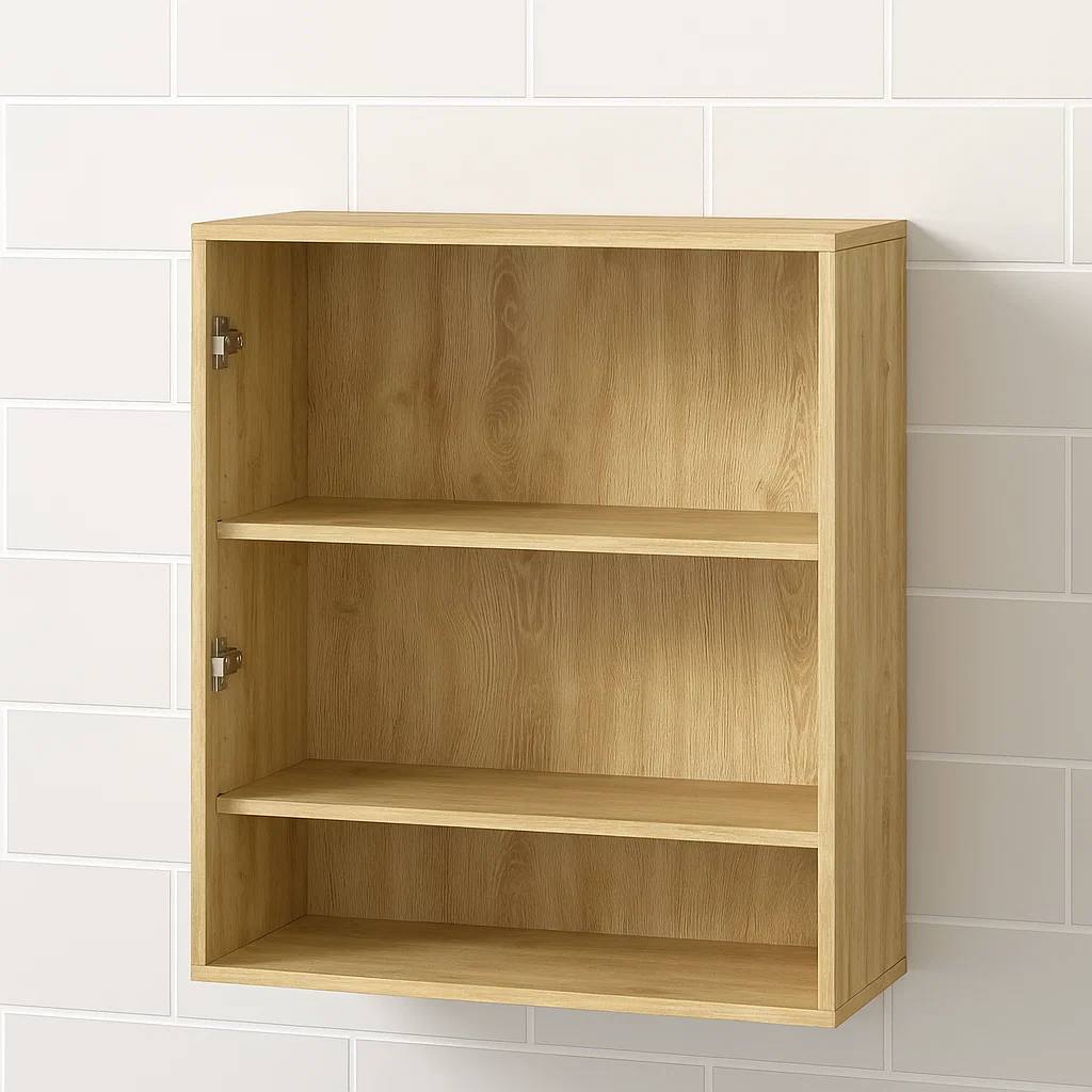 Wooden cabinet with open shelves inside