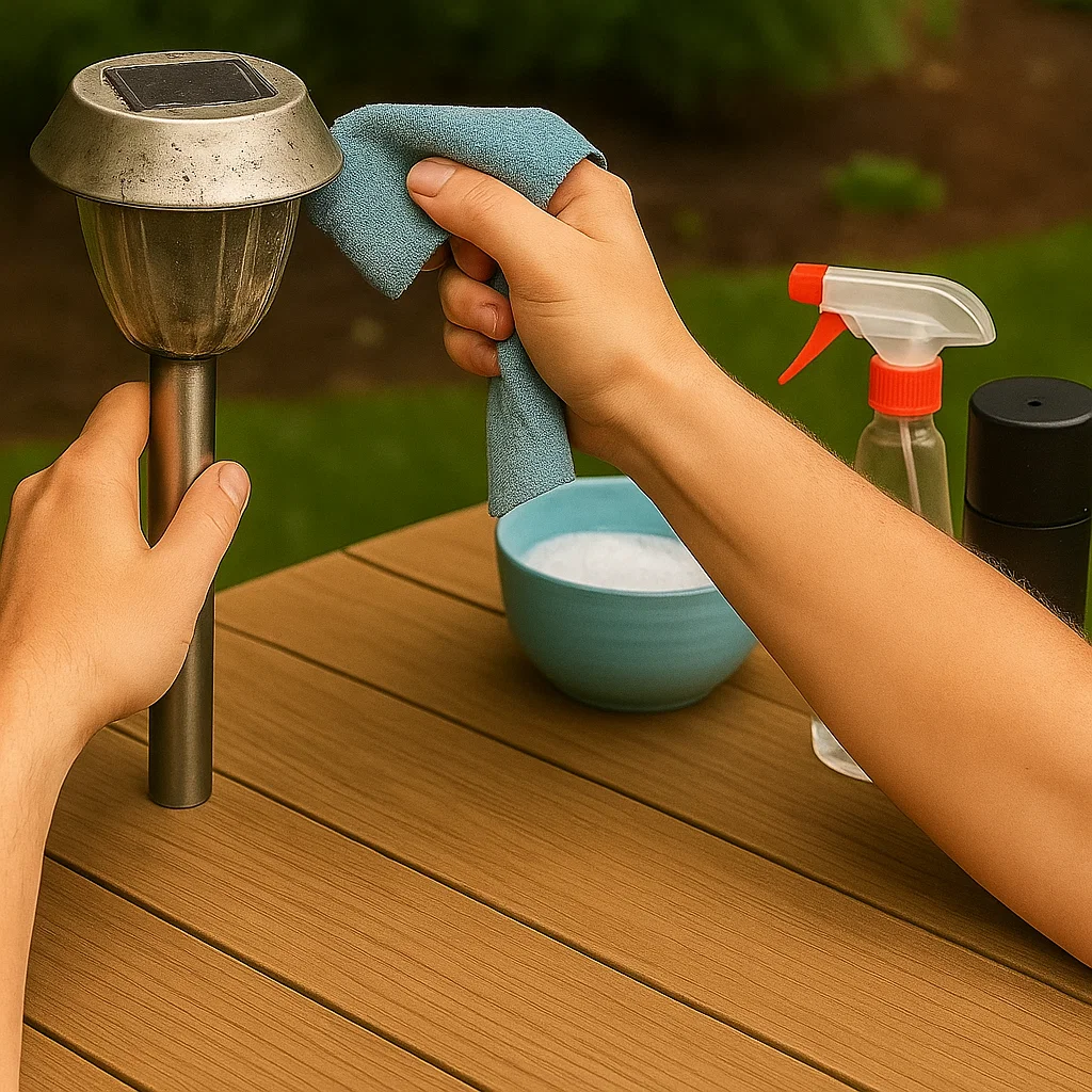 Hand brushing off dry leaves and dirt from the top of a solar garden light.