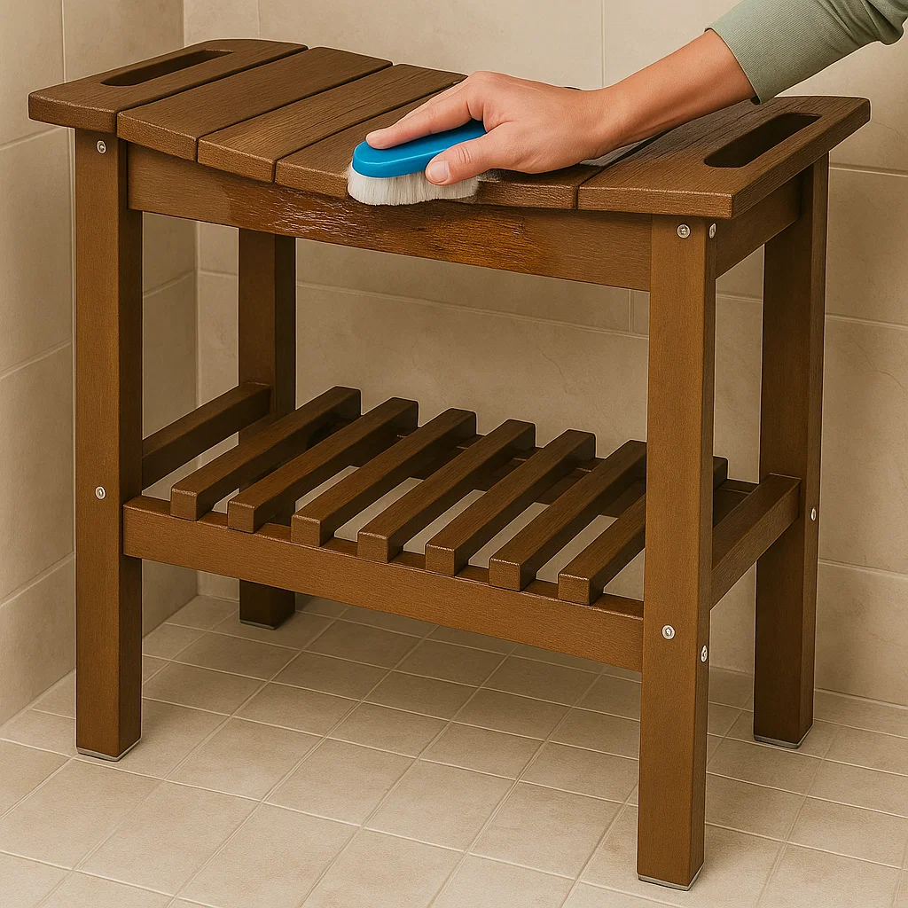 Hand using a scrubbing brush to clean the surface of a wooden shower bench in a bathroom.

