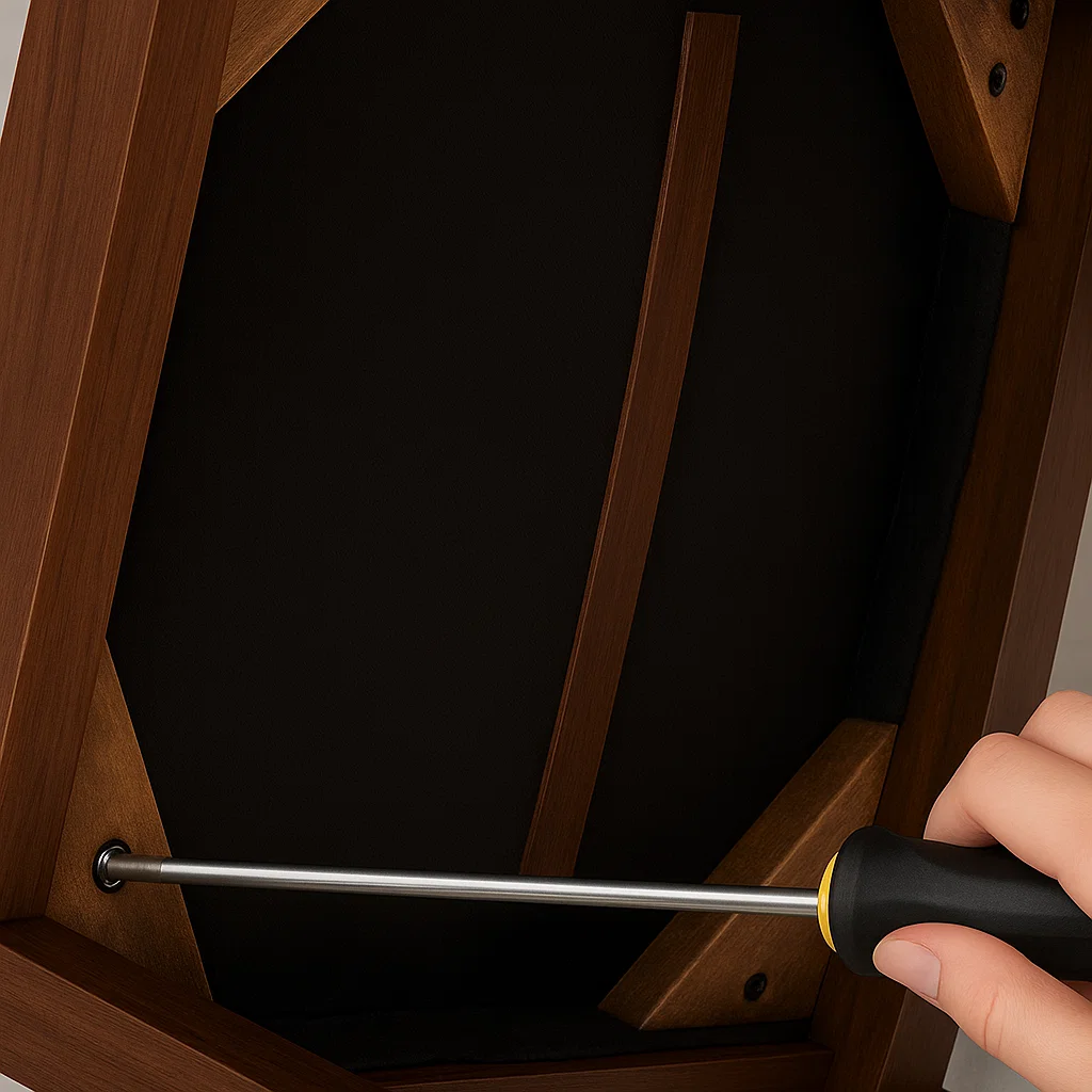 Hand using screwdriver to detach seat base from wooden dining chair