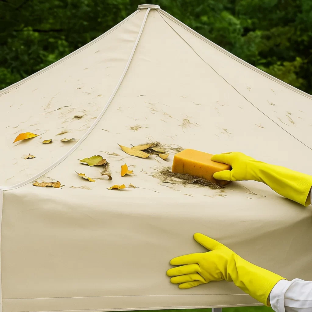 Gloved hands scrubbing leaves and dirt off tent canopy top using a sponge.